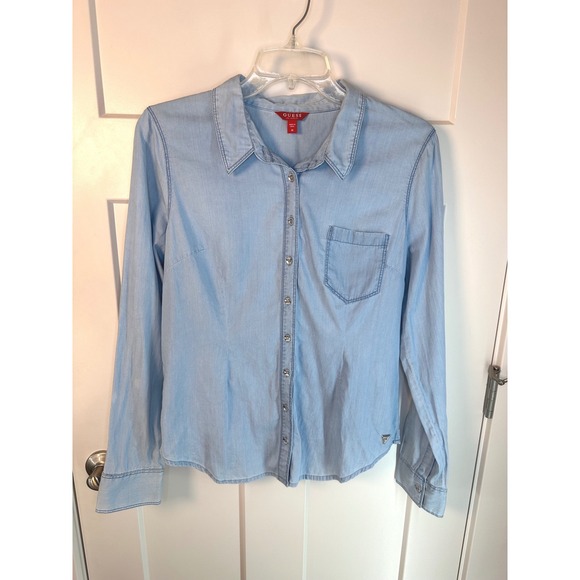 Guess Los Angeles Women Light Wash Denim Button Down Shirt Normcore Minimalist M - Picture 2 of 11